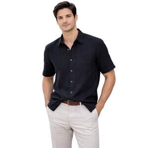 Tasso Elba Men’s Black Silk Linen Short Sleeve Button-Up Shirt Size L